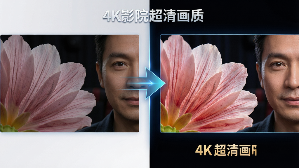 一张展示4K影院播放画质对比的示意图,画面分为左右两部分,左侧为普通高清画面,右侧为4K超高清画面,右侧画面明显更加细腻鲜艳,中间用箭头连接,布局为左右对比构图,风格为科技感演示图,细节包括画面中的花瓣纹理和人物面部细节对比,画质为超高清,干净无多余元素,画面中文字标注“4K影院 超清画质”。