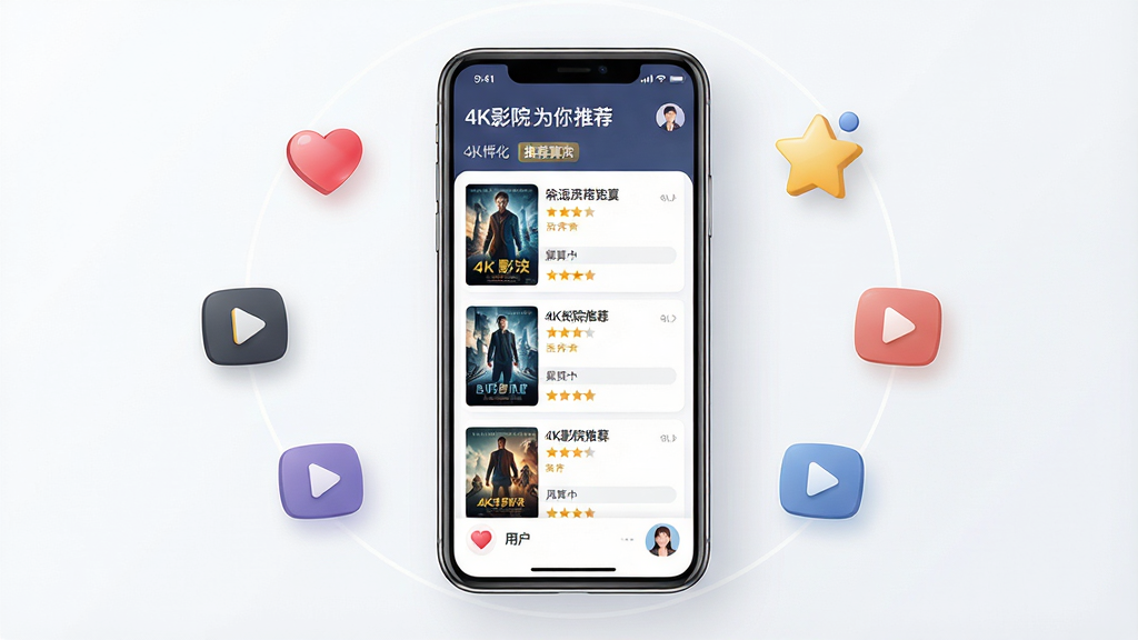 一张展示4K影院智能推荐界面的概念图,画面主体是手机屏幕,屏幕上显示个性化推荐列表,每部影片配有海报和评分,屏幕周围环绕着代表用户喜好的图标如爱心、星星、播放按钮,布局为手机居中,图标环绕四周,风格为现代UI设计风,细节包括推荐算法标签和用户头像,画质为高清,干净整洁,画面中文字标注“4K影院 为你推荐”。