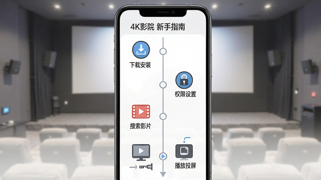 一张展示4K影院新手操作步骤的流程图,画面以手机屏幕为载体,分步骤展示下载安装、权限设置、搜索影片、播放投屏等环节,布局为纵向时间轴式,风格为简洁信息图,细节包括每个步骤的图标和简短文字说明,画质为高清,干净无多余元素,画面中文字标注“4K影院 新手指南”。