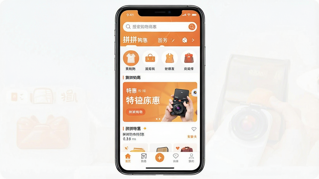 一张展示拼拼购物特惠商城手机应用界面的图片,画面中央是一部智能手机,屏幕显示着拼拼购物特惠商城的首页,页面布局为顶部搜索栏,中部为商品分类图标和特惠商品横幅,底部为导航菜单,整体色调为暖橙色与白色搭配,风格简洁现代,细节清晰,画质干净,无多余元素。