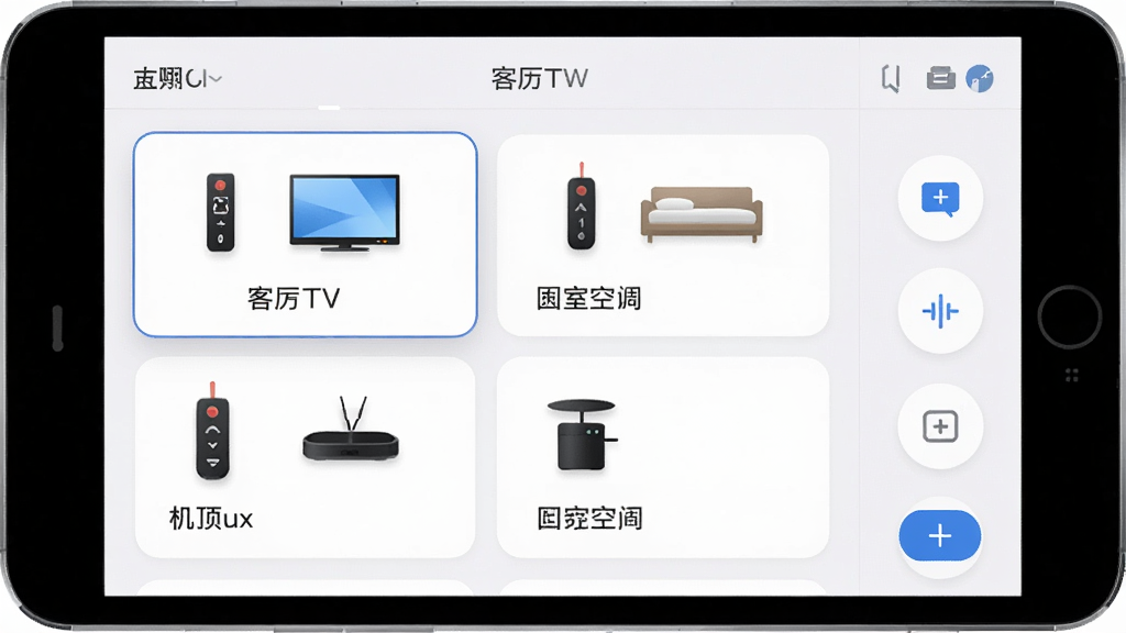 一张展示遥控器GL应用内多设备管理列表的图片,屏幕上列出了客厅电视、卧室空调、机顶盒等多个遥控器卡片,每个卡片上有设备图标和名称,界面风格清爽,布局合理,细节可见添加按钮和场景模式入口,画质清晰,干净无多余元素