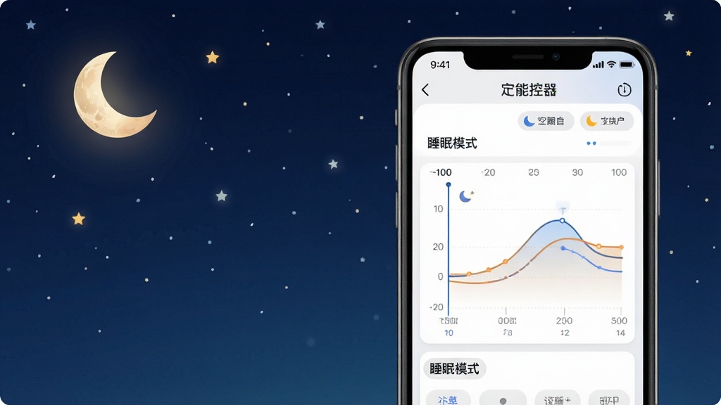 一张描绘“空调遥万能控器”APP定时设置界面的图片,手机屏幕显示时间轴和温度曲线图,背景是夜晚的星空和月亮,风格温馨宁静,细节有“睡眠模式”字样,画质高清,干净,无多余元素