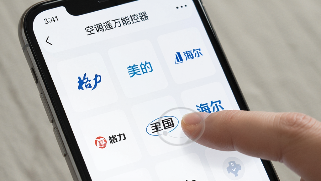 一张展示“空调遥万能控器”APP进行品牌选择的界面截图风格图片,画面主体是手机屏幕,屏幕内列出“格力”“美的”“海尔”等品牌图标,布局为网格状,风格简洁明快,细节有手指点击屏幕的动作,画质高清,干净,无多余元素