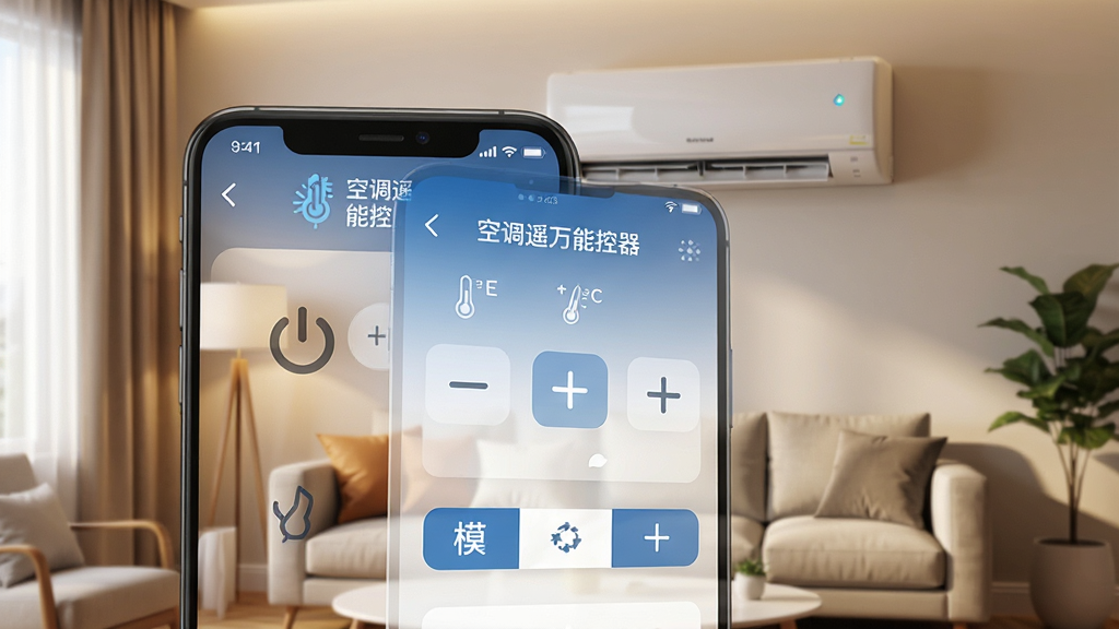 一张展示智能手机屏幕的图片,手机屏幕显示“空调遥万能控器”APP主界面,界面布局整洁,有电源开关、温度加减、模式切换按钮,背景是温馨的家居客厅,空调挂机在墙上,风格为现代科技感,细节清晰,画质高清,干净,无多余元素