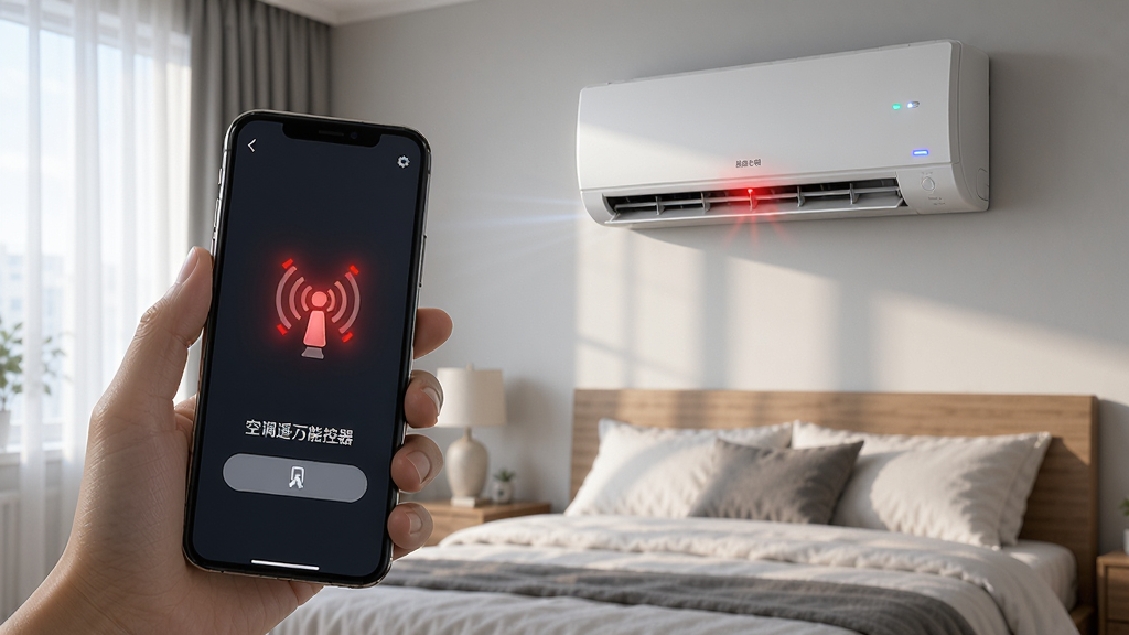 一张展示用户手持手机对着空调按下“空调遥万能控器”APP按钮的图片,画面中手机屏幕亮起红色发射图标,空调指示灯闪烁,背景是卧室环境,风格写实,细节有光线效果,画质高清,干净,无多余元素
