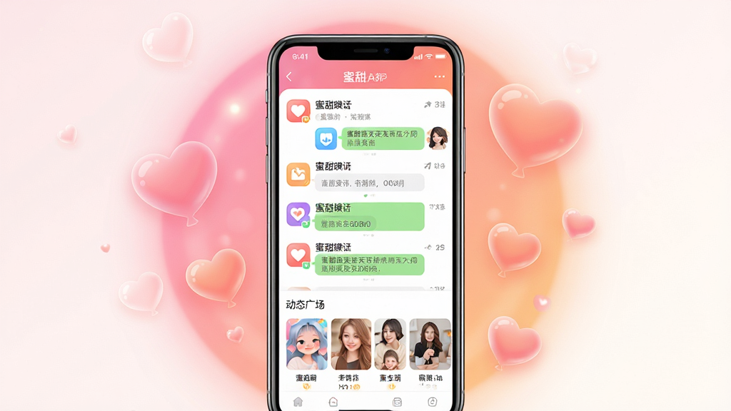 一张展示蜜甜聊天交友软件界面的手机模型图,主体为一部竖屏智能手机,屏幕内显示蜜甜App的聊天列表和动态广场页面,布局居中,手机周围点缀柔和的粉色与橙色渐变光晕和漂浮的心形气泡,排版简洁现代,风格清新温暖,细节包括圆润的图标和清晰的文字标签,画质高清,干净,无多余元素