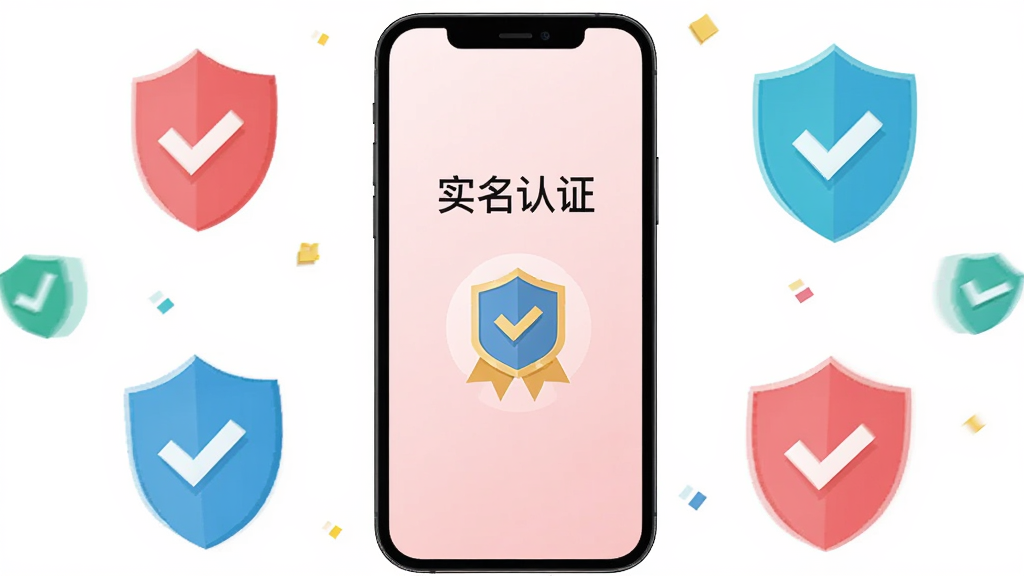 一部手机屏幕显示蜜甜App的实名认证页面,页面中央有“实名认证”字样和认证徽章图标,背景为浅粉色渐变,手机周围环绕盾牌和勾选标记的扁平化图标,风格简洁安全,画质清晰,干净,无多余元素