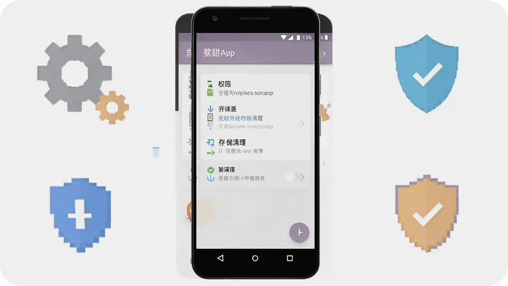 蜜甜App在安卓手机上的设置界面示意图,手机屏幕显示权限管理和存储清理选项,背景为浅灰色,周围有齿轮和盾牌图标,风格简洁实用,画质清晰,干净,无多余元素