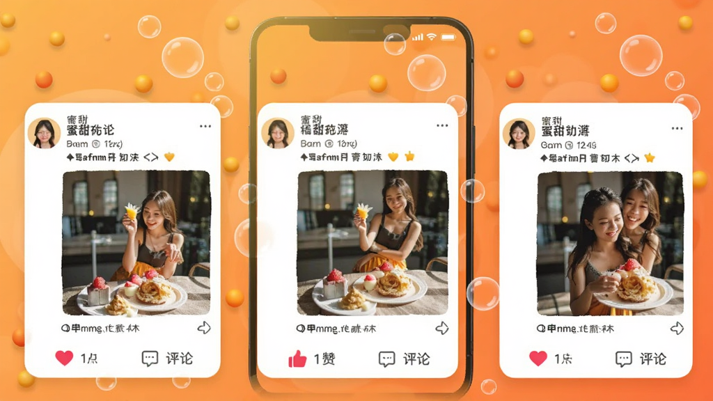 蜜甜App动态广场页面截图风格图,手机屏幕内显示多条用户动态,包含头像、文字和图片缩略图,下方有点赞和评论图标,背景为暖橙色渐变,漂浮着小圆点和气泡,风格活泼温暖,画质清晰,干净,无多余元素