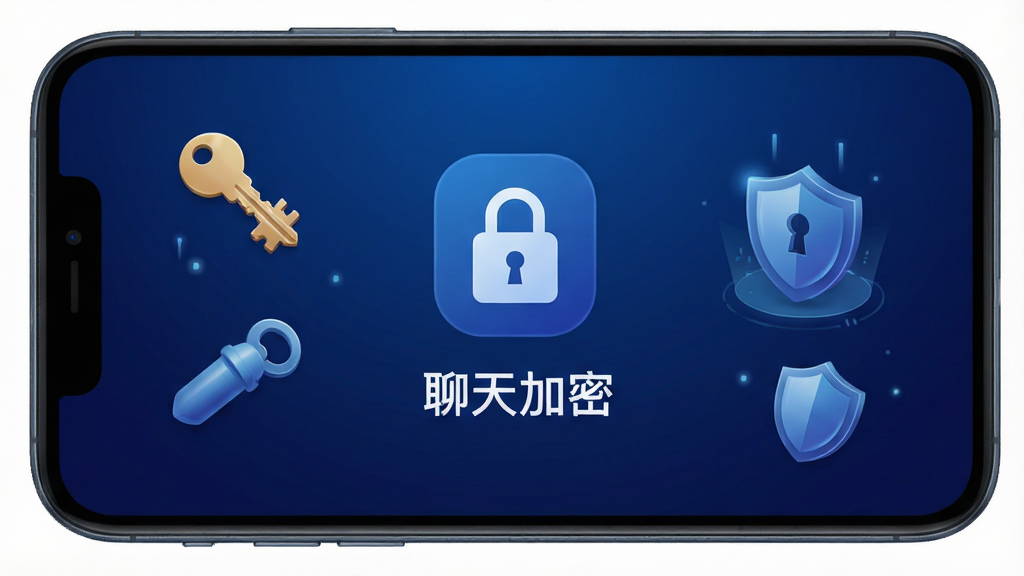 蜜甜App私密聊天设置界面,手机屏幕显示锁形图标和“聊天加密”文字,背景为深蓝色渐变,周围有钥匙和盾牌元素,风格安全稳重,画质高清,干净,无多余元素