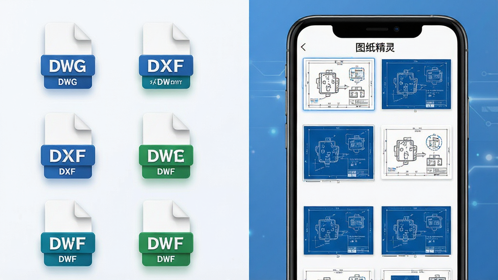 图纸精灵多格式兼容功能展示图,画面左侧排列多个文件格式图标DWG、DXF、DWF,右侧展示一部手机屏幕中同时打开不同格式图纸的缩略图,布局左右对比鲜明,风格为现代简约科技感,细节上图标带有轻微立体阴影,手机屏幕内图纸清晰,画质干净锐利,无多余元素,图片中文字“图纸精灵”
