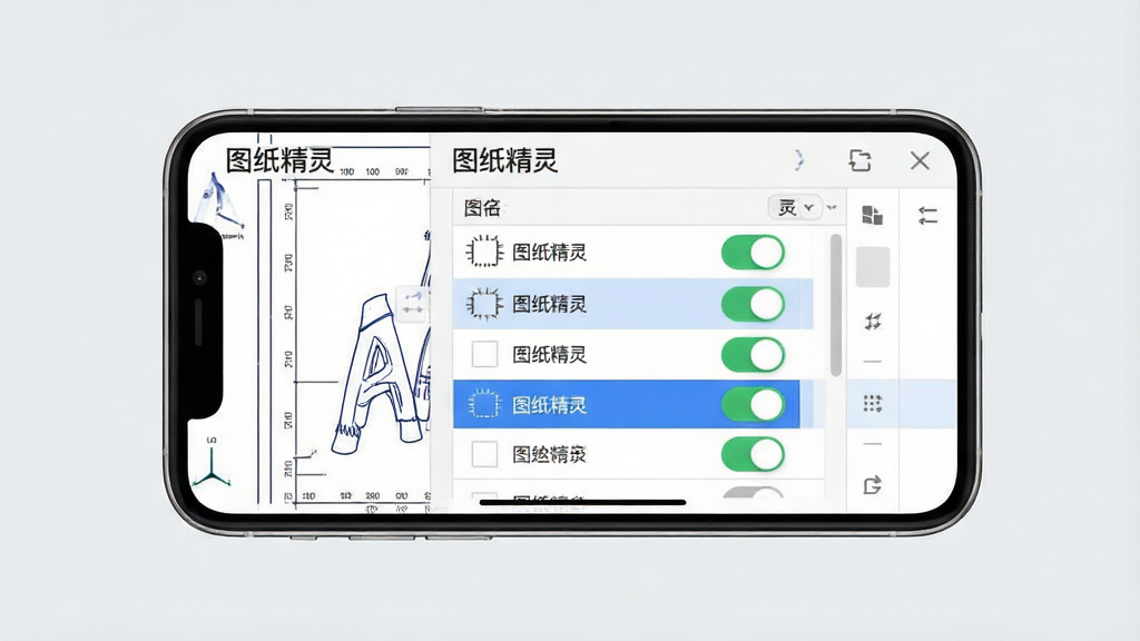 图纸精灵图层管理功能界面图,画面中央为手机屏幕,屏幕内显示CAD图纸与图层列表面板,图层列表中有多个图层开关按钮,部分图层呈高亮显示,布局为上下结构,风格为清爽工具类界面,细节上开关按钮有清晰的开启关闭状态,背景为浅灰色,画质清晰干净,无多余元素,图片中文字“图纸精灵”