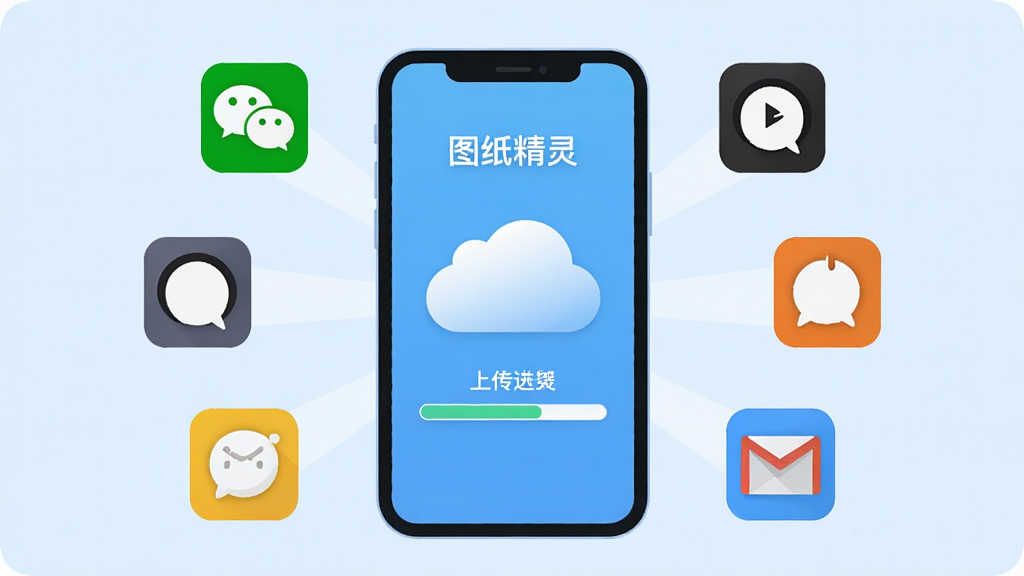 图纸精灵云端同步与分享功能示意图,画面中央为手机屏幕,屏幕内显示云朵图标与上传进度条,周围有微信、QQ、邮件等分享图标环绕,布局为放射状,风格为扁平化插画风,细节上云朵为白色渐变,分享图标色彩鲜明,背景为淡蓝色,画质清晰干净,无多余元素,图片中文字“图纸精灵”
