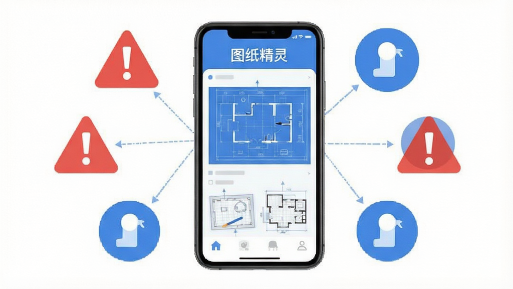 图纸精灵新手操作避坑指南示意图,画面中一部手机显示图纸界面,周围有红色警告图标与蓝色提示图标,布局为手机居中、图标环绕,风格为扁平化信息图,细节上警告图标为红色三角形,提示图标为蓝色圆形,背景为白色,画质清晰干净,无多余元素,图片中文字“图纸精灵”