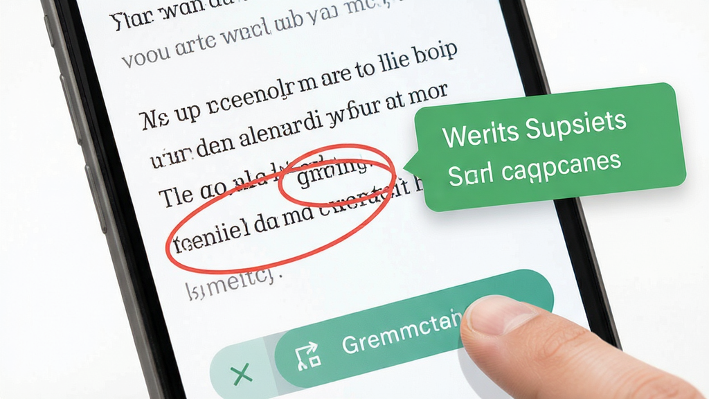 Regrammar �﷨�������ܽ��棬����Ϊ�ֻ���Ļ��д����Ļ��չʾһ��Ӣ���ı������д��󵥴ʱ���ɫȦ�����Աߵ�����ɫ��������򣬲���Ϊ���½ṹ���Ű����������Ϊ��ƽ����ƣ�ϸ�ڰ�����ָ���������ť�Ķ����������������ɾ����޶���Ԫ��