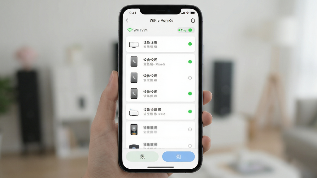 手机投屏免费简洁易用界面展示,画面为软件首页截图风格,顶部显示WiFi名称和连接状态,中部为设备列表,底部为功能按钮,布局垂直排列,排版干净利落,风格极简白色调,细节包含设备图标和连接状态指示灯,画质清晰,干净,无多余元素