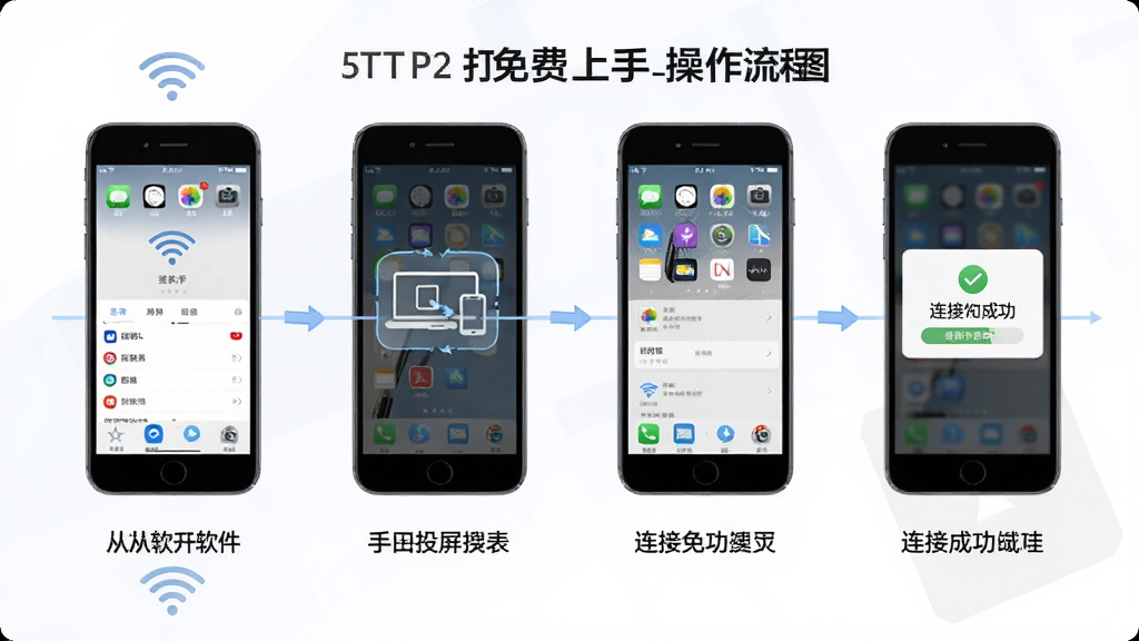 手机投屏免费上手操作流程图,画面以步骤图形式展示从打开软件到连接成功的四个步骤,布局为横向时间轴排列,排版每个步骤配有手机界面截图和文字说明,风格教程指引风,细节包含WiFi图标、设备搜索动画和连接成功提示,画质清晰,干净,无多余元素