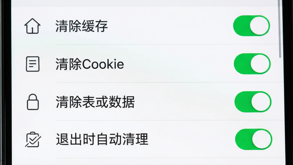 一部手机屏幕显示设置菜单列表,菜单项包括清除缓存、清除Cookie、清除表单数据、退出时自动清理,每个菜单项右侧有开关按钮,开关处于开启状态显示为绿色,整体布局为垂直列表,风格为清爽极简,细节包括菜单图标为线性风格、背景为白色、文字为深灰色,画质清晰干净无多余元素,画面中文字为“退出时自动清理”