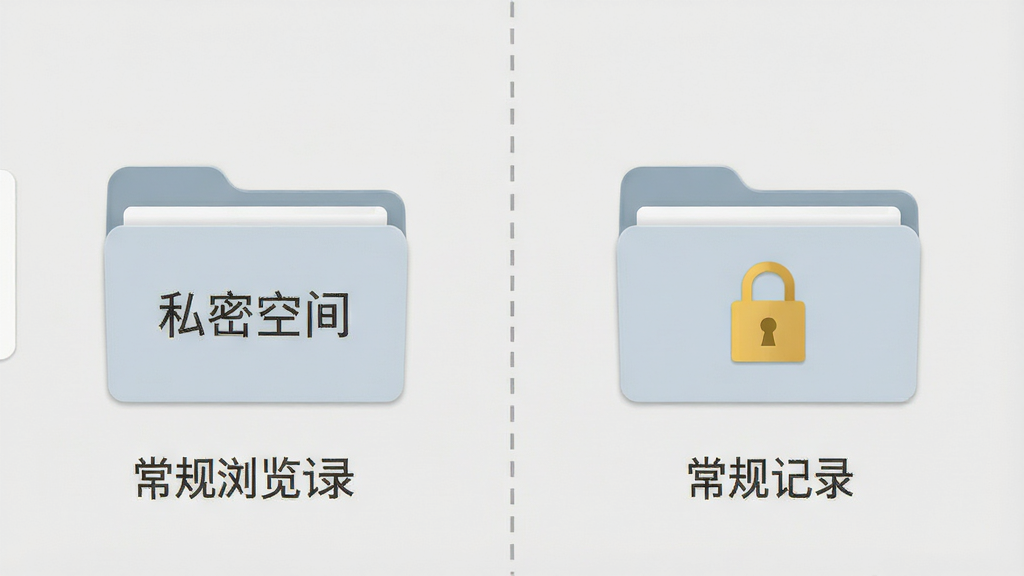 安卓手机界面展示两个并排的文件夹图标,左侧文件夹标注常规浏览记录,右侧文件夹标注私密空间并带有一把小锁图标,两个文件夹之间有一条虚线分隔,整体布局左右对称,风格为简约扁平化,细节包括文件夹立体感微弱、锁图标为金色、背景为浅灰色,画质清晰干净无多余元素,画面中文字为“私密空间”和“常规记录”