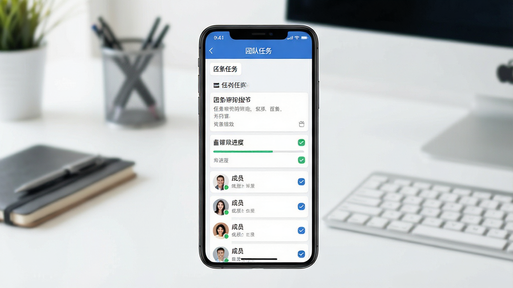 一张展示团队任务应用主界面的预览图,画面中央是手机屏幕,屏幕内显示任务看板与成员头像列表,顶部有“团队任务”应用名称,背景为简洁的办公桌面,风格清新商务,细节包括任务卡片、进度条、勾选标记,画质清晰干净,无多余元素