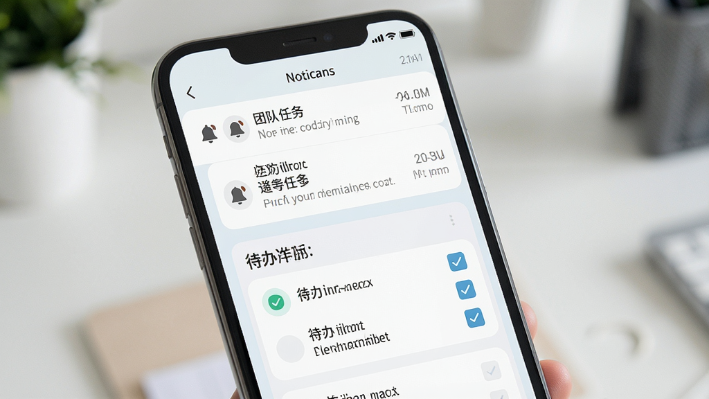 一张团队任务应用消息提醒与待办汇总界面的AI生图,画面主体为手机屏幕,屏幕内显示通知列表和待办事项卡片,布局为上下分区,排版清晰,风格清爽浅色,细节包括铃铛图标、时间标签和勾选框,画质干净,无多余元素
