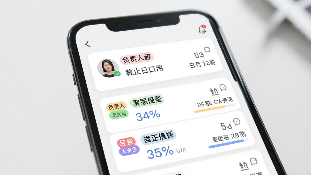 一张团队任务应用中任务指派界面的AI生图,画面主体为手机屏幕,屏幕内展示任务卡片、负责人头像和截止日期,布局为上下排列的任务列表,排版整齐,风格简约现代,细节包括彩色状态标签和进度百分比,画质清晰干净,无多余元素