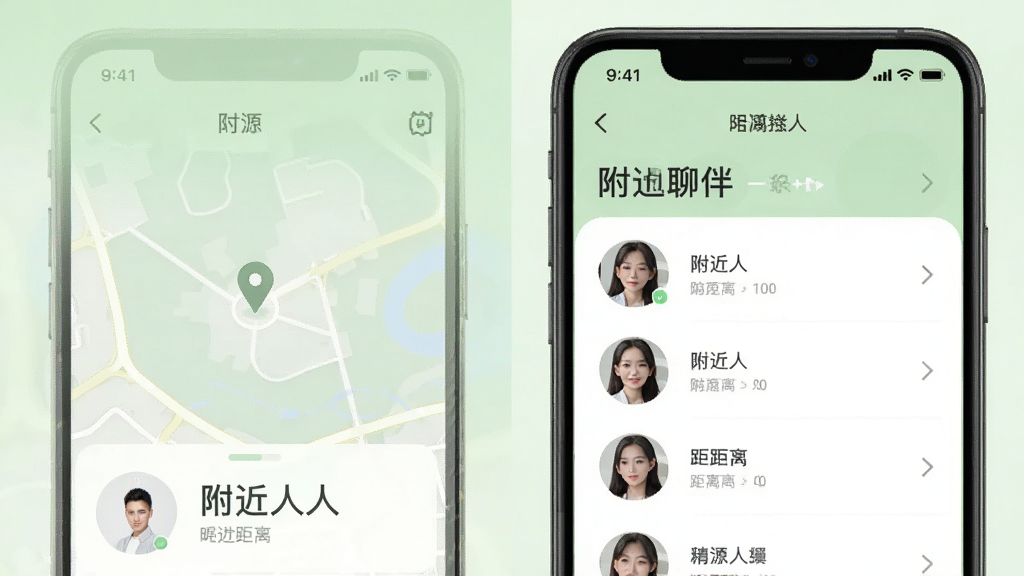本地聊伴 地图定位 附近的人 头像列表 距离显示 浅绿色调 手机界面 高清 干净 无多余元素