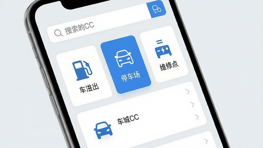 车城CC车务信息页面示意图,画面主体为手机屏幕展示车务服务列表,包含加油站、停车场、维修点图标;布局采用上下结构,顶部为搜索栏,中部为卡片式列表;风格为清新简约,浅灰底色搭配蓝色强调色;细节包含简洁图标与文字标签“车城CC”;画质清晰,画面干净无冗余元素。