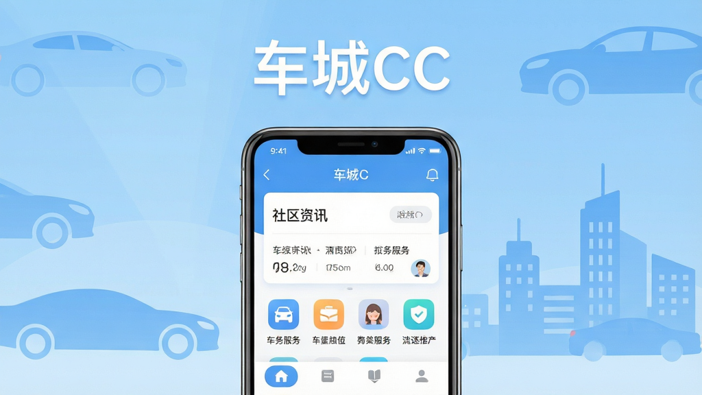 车城CC手机应用主界面展示,画面中央放置一部智能手机,屏幕显示车城CC应用首页,包含社区资讯卡片、车务服务图标与导航栏;背景为浅蓝色渐变,点缀汽车轮廓与城市建筑剪影;布局采用居中对称,上方留白放置软件名称文字“车城CC”;风格为扁平化科技感,细节干净清晰,图标圆润;画质高清,无多余装饰元素。