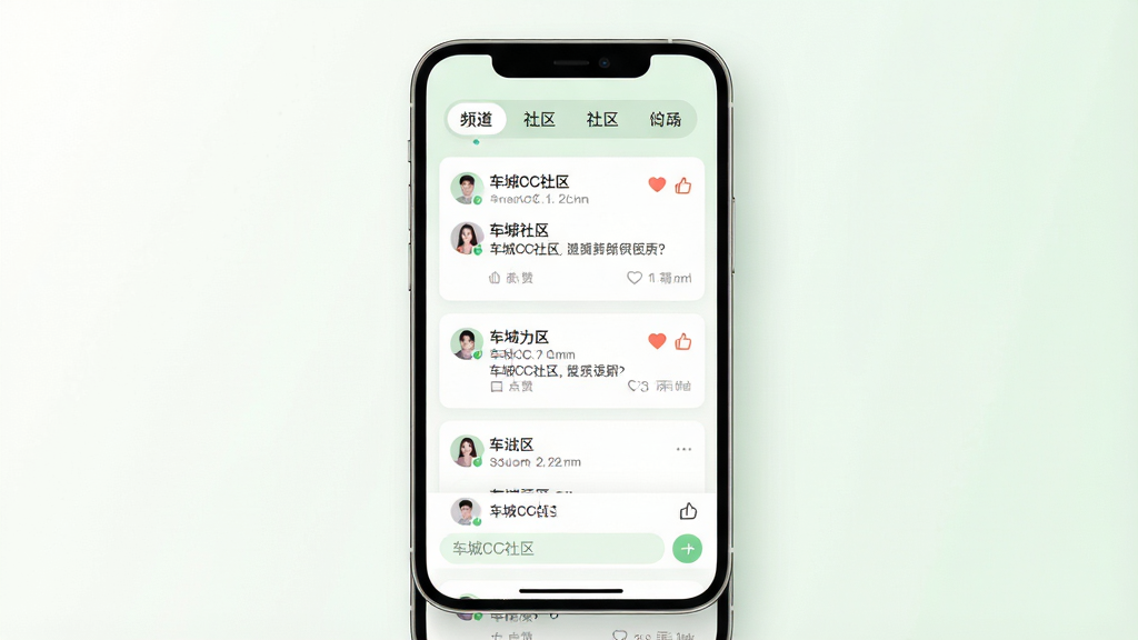 车城CC社区互动界面概念图,画面中央为手机屏幕显示社区帖子列表与评论输入框;布局采用卡片流式设计,顶部为频道切换标签;风格为现代社交应用风格,配色柔和,以白色与浅绿色为主;细节包含用户头像、点赞图标与文字“车城CC社区”;画质高清,整体干净整洁。