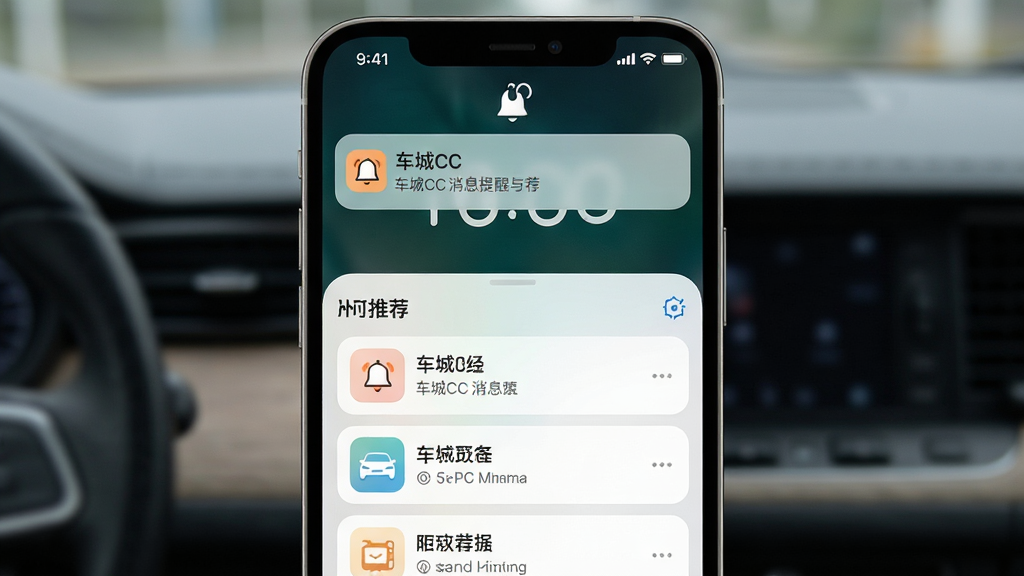 车城CC消息提醒与推荐界面,画面展示手机锁屏通知与应用内推荐卡片;布局为上下分层,上方为通知弹窗,下方为推荐列表;风格为轻量级UI设计,配色淡雅;细节包含铃铛图标与文字“车城CC”;画质高清,画面干净利落。
