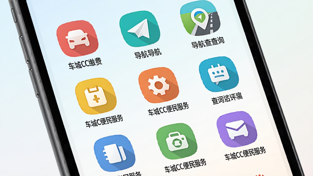 车城CC便民服务功能展示图,画面为手机屏幕呈现九宫格服务图标,包括缴费、导航、查询等;布局为网格排列,背景为浅色渐变;风格为扁平化图标设计,色彩明快;细节图标下方标注“车城CC便民服务”;画质清晰,画面简洁无杂乱。