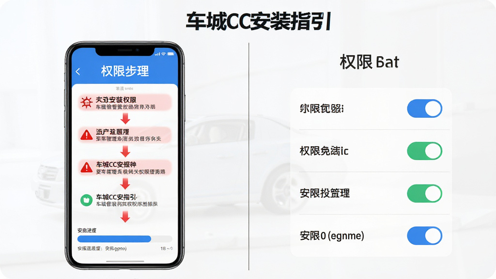 车城CC安装与权限设置示意图,画面展示手机屏幕显示权限管理界面与安装进度条;布局为左右分栏,左侧为安装步骤,右侧为权限开关;风格为说明性图解,配色清晰,重点标注红色警示与蓝色提示;细节包含文字“车城CC安装指引”;画质高清,画面干净无干扰。
