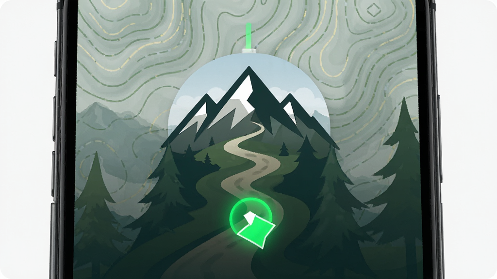 主体是山途户外导航软件的启动界面,布局为居中显示带有山峰和路径元素的Logo,排版简洁,风格为现代科技感与自然户外风结合,细节包括手机屏幕上的等高线背景和明亮的绿色定位光标,画质高清,干净,无多余元素