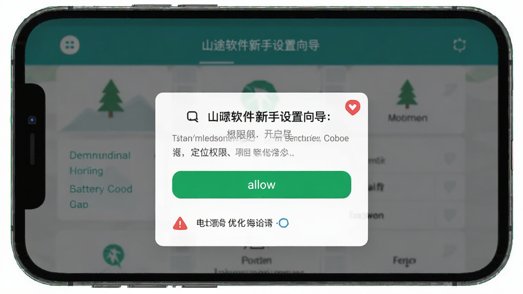 主体是山途软件的新手设置向导界面,布局为手机屏幕展示权限开启提示弹窗,排版突出定位权限与电池优化选项,风格为扁平化引导页风格,细节包括绿色的允许按钮和红色的警告图标,画质高清,干净,无多余元素