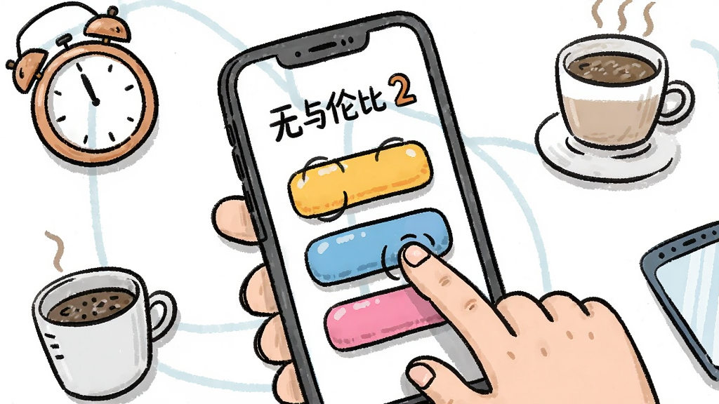 一幅表现轻量休闲玩法的插画,画面中一只手拿着手机,屏幕上显示“无与伦比 2”的简易操作界面,手指正在点击屏幕上的彩色按钮,周围散落着时钟、咖啡杯等代表碎片时间的元素,布局轻松随意,风格为清新手绘风,细节包括按钮的按压反馈效果,画质明亮,干净,无多余元素