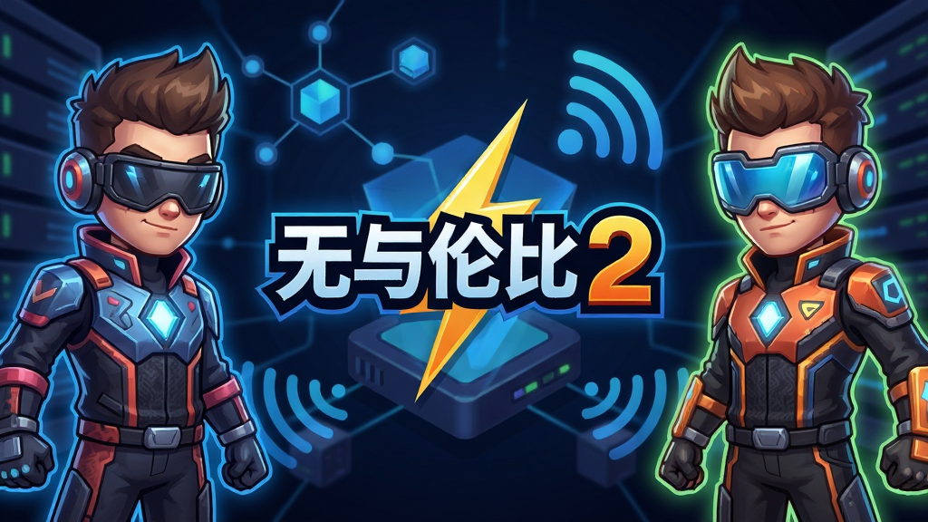 一张展示智能匹配对战功能的宣传图,画面中心是“无与伦比 2”游戏Logo,两侧分别站着两个卡通风格的游戏角色,中间用闪电符号连接表示匹配成功,背景是服务器节点和信号波纹的抽象图形,布局对称,风格为电竞科技感,细节包括角色服装的纹理和发光特效,画质高清,干净,无多余元素