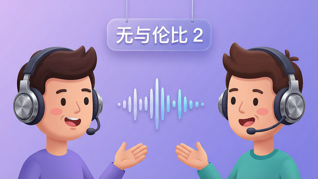 一幅展示实时语音互动功能的示意图,画面中两个卡通角色戴着耳机正在对话,中间有声音波形图标,上方悬浮着“无与伦比 2”的文字标识,背景为柔和的渐变紫色,布局左右对称,风格为现代社交应用风格,细节包括耳机的金属质感和波形动态效果,画质细腻,干净,无多余元素