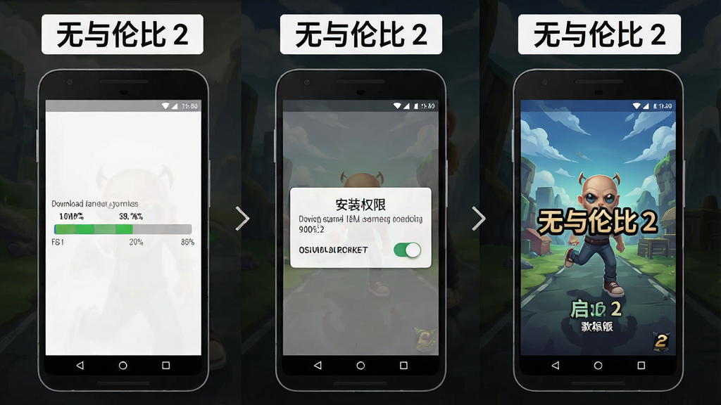 一幅展示安卓手机安装“无与伦比 2”过程的步骤图,画面分为三个并排的手机屏幕,从左到右依次显示下载进度条、安装权限提示、游戏启动界面,每个屏幕上方有“无与伦比 2”的文字标签,布局横向排列,风格为教程图解式,细节包括进度条的百分比数字和权限开关的图标,画质清晰,干净,无多余元素
