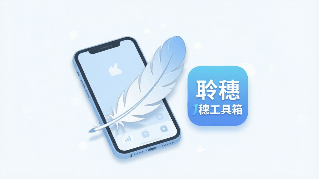 一张展示聆穗工具箱轻量特性的创意图片,画面中一部手机旁边放置一个轻盈的羽毛和“聆穗工具箱”图标,表现软件体积小巧、运行流畅的特点,主体为手机与羽毛组合,布局居中,排版简洁,风格为清新扁平插画,细节包含柔和阴影、浅蓝与白色调、干净背景,画质高清,干净,无多余元素
