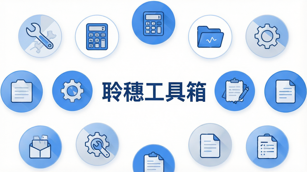 一张展示聆穗工具箱多功能图标集合的扁平化插画,画面中央是“聆穗工具箱”文字标识,周围环绕多个圆形工具图标,包括扳手、计算器、文件夹、齿轮、文本纸等元素,图标以线条风格绘制,布局呈放射状排列,配色以蓝、白、浅灰为主,背景为干净纯色,风格简洁现代,细节包含圆角图标、清晰线条、柔和色彩过渡,画质高清,干净,无多余元素
