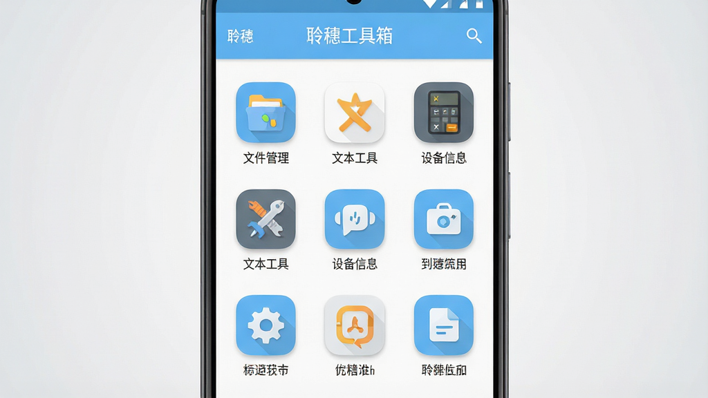 一张展示聆穗工具箱软件主界面的手机截图风格图片,画面中心是一部竖屏安卓手机,屏幕内显示“聆穗工具箱”应用主页面,页面布局为九宫格图标排列,包含文件管理、文本工具、设备信息、计算器等工具图标,整体风格简洁清爽,主色调为浅蓝色与白色搭配,背景为纯净浅灰渐变,主体突出手机屏幕内容,排版居中对称,风格为现代扁平化UI设计,细节包含圆角图标、清晰文字标签、柔和阴影,画质高清,干净,无多余元素