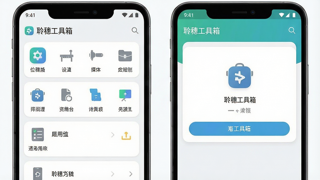 一张展示聆穗工具箱简洁界面的手机样机图,画面为两部安卓手机并排展示,屏幕内显示“聆穗工具箱”不同功能页面,左边为工具列表页,右边为具体工具操作页,布局左右对称,排版整齐,风格为现代UI展示风格,细节包含清晰图标、浅色背景、圆角卡片设计,画质高清,干净,无多余元素