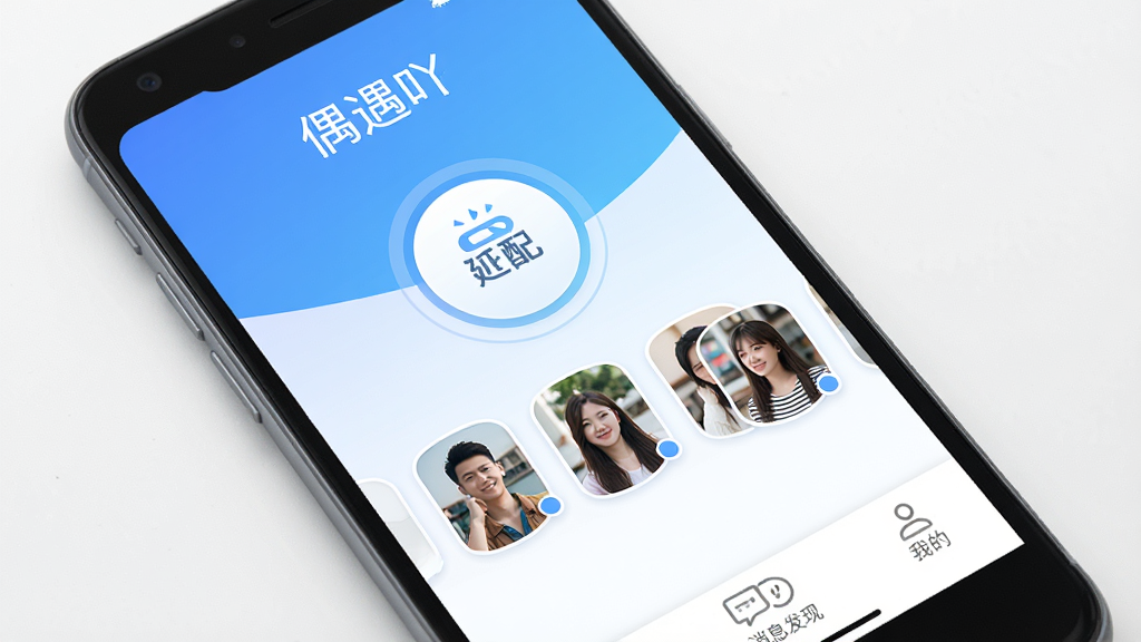 偶遇吖安卓版主界面展示,手机屏幕中呈现清爽的社交匹配首页,顶部显示软件名称“偶遇吖”,中部为圆形匹配按钮和用户头像卡片,底部导航栏包含消息、发现、我的等图标,整体采用蓝白渐变配色,扁平化设计风格,画面干净简洁,高清画质,无多余元素