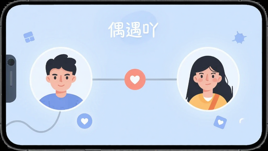 偶遇吖随机匹配功能界面,手机屏幕中央显示两个用户头像通过连线匹配成功,背景为柔和的淡蓝色光晕,画面中带有“偶遇吖”文字标识,扁平插画风格,布局居中对称,细节清晰,画质干净,无多余装饰元素