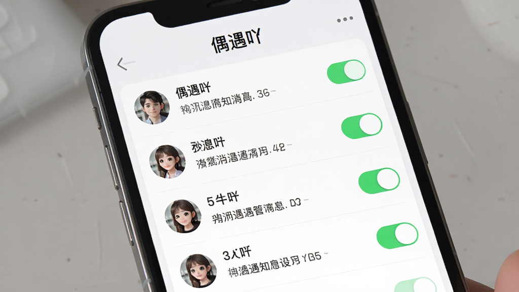 偶遇吖消息通知管理界面,手机屏幕展示消息列表和通知设置开关,列表项包含头像、昵称和消息摘要,顶部显示“偶遇吖”,界面采用浅色主题,图标线条简洁,排版整齐,高清画质,无多余装饰