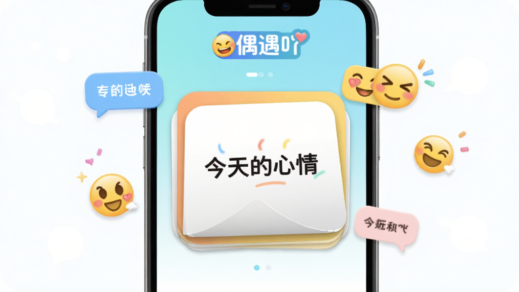偶遇吖趣味互动玩法界面,手机屏幕展示话题卡片翻转效果,卡片上写有“今天的心情”等字样,周围散落聊天气泡和表情图标,顶部显示“偶遇吖”标志,清新明快的配色,圆角卡片设计,画面整洁,高清画质,无杂乱元素
