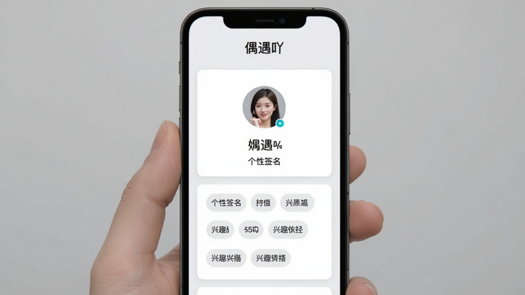 偶遇吖个人主页界面,手机屏幕显示用户头像、昵称、个性签名和兴趣标签列表,页面风格简约,顶部有“偶遇吖”文字,背景为浅灰色,卡片式布局,文字清晰可读,画质干净,无多余元素