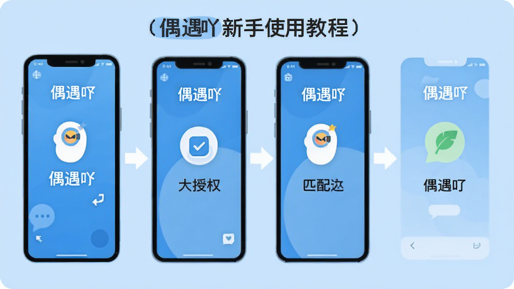 偶遇吖新手使用教程示意图,手机屏幕分步骤展示安装、授权、匹配、聊天四个环节,每一步配有简洁图标和“偶遇吖”文字标识,画面采用浅蓝色背景,步骤之间用箭头连接,扁平化信息图风格,文字清晰,画质干净,无多余元素