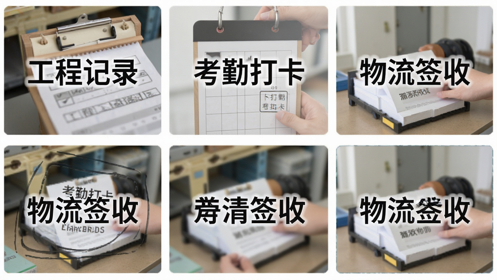 一张展示多款水印模板缩略图的图片,画面中排列着六张不同风格的水印样式卡片,分别标注“工程记录”“考勤打卡”“物流签收”等字样,每张卡片上都有模拟的照片背景和对应的水印文字叠加效果,整体风格为整齐的网格布局,画质干净,无多余元素